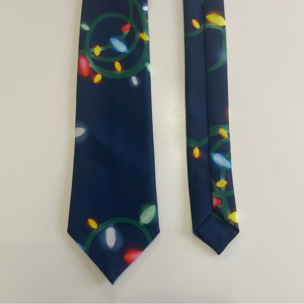 Festive Thin Navy Tie with Holiday Lights Christmas Novelty Party White Elephant